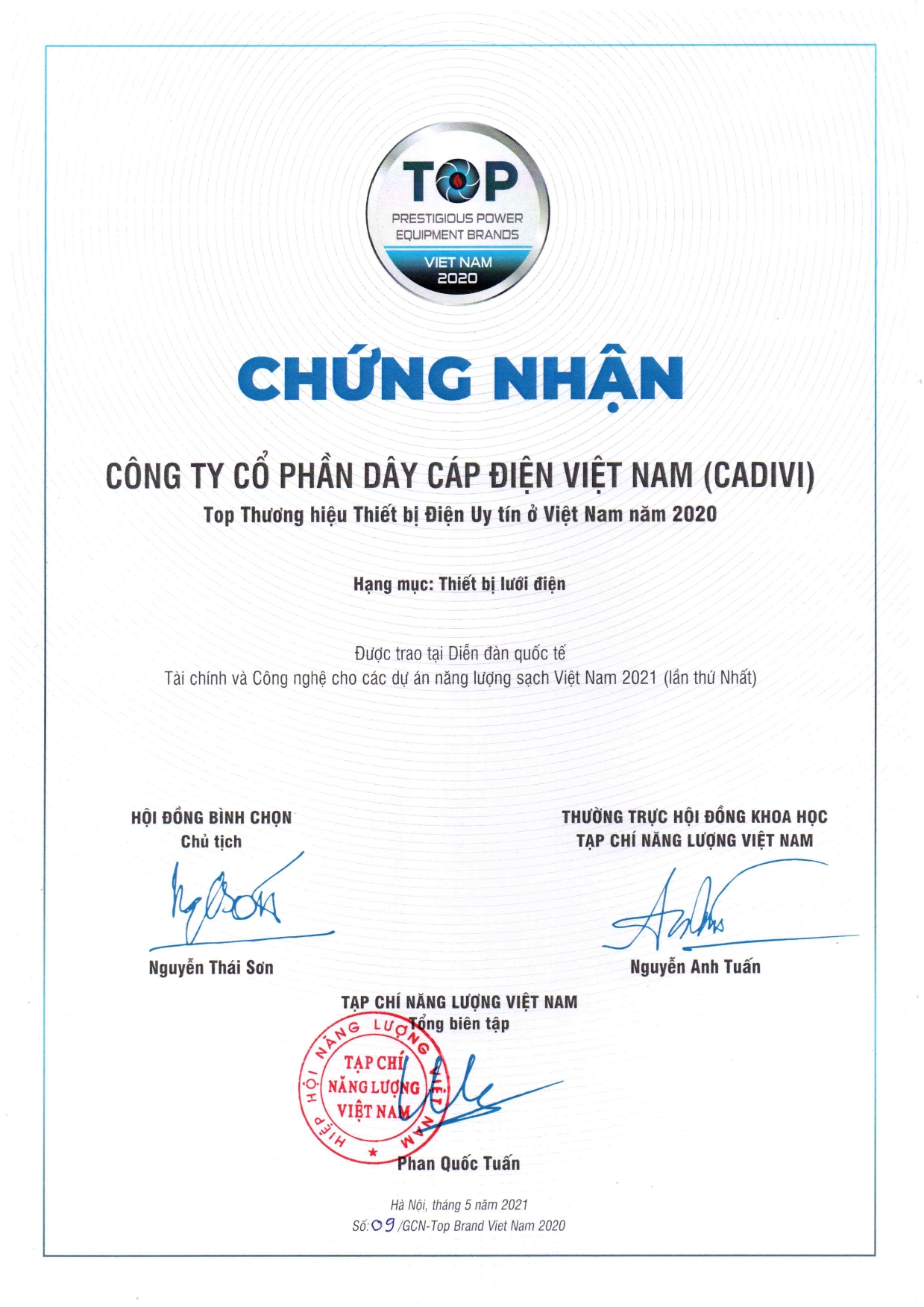 Cadivi đạt danh hiệu top thương hiệu thiết bị điện uy tín Việt Nam năm 2020
